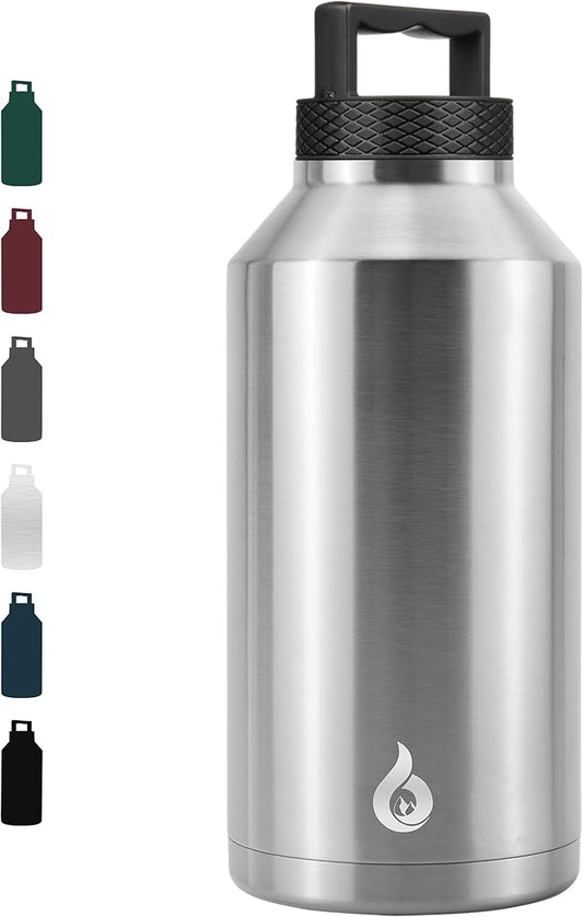 BJPKPK Half Gallon Water Bottle Insulated, Dishwasher Safe 64 oz Water Bottle with Handle, Leakproof BPA Free Thermal Flasks, Large Metal Jug for Sports, Stainless Steel Primary Color