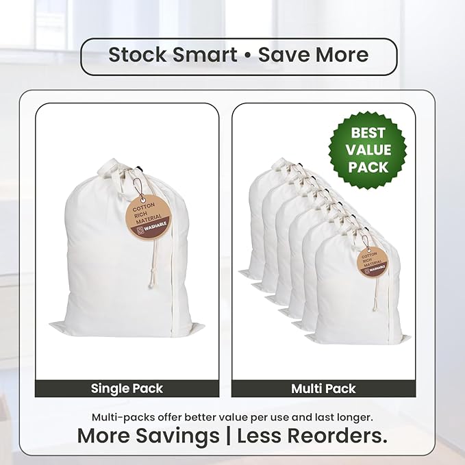 LFH Home Cotton Canvas Large Laundry Bag with Handle, Heavy Duty Drawstring Closure Washable Laundry Bags, School Travel, Home, Hotel, College Dorm, Organizer Sack, Toy Clothes 28x40 (Pack of 4)-White