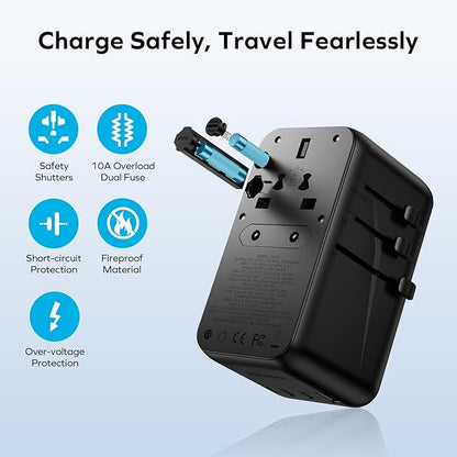 MOMAX Universal Travel Adapter, 140W GaN International Power Adapter, 2 USB-C 2 USB-A, Worldwide Travel Plug Adapter, International Power Adapter for Most Europe, USA, Japan, Australia (Type C/A/G/I)