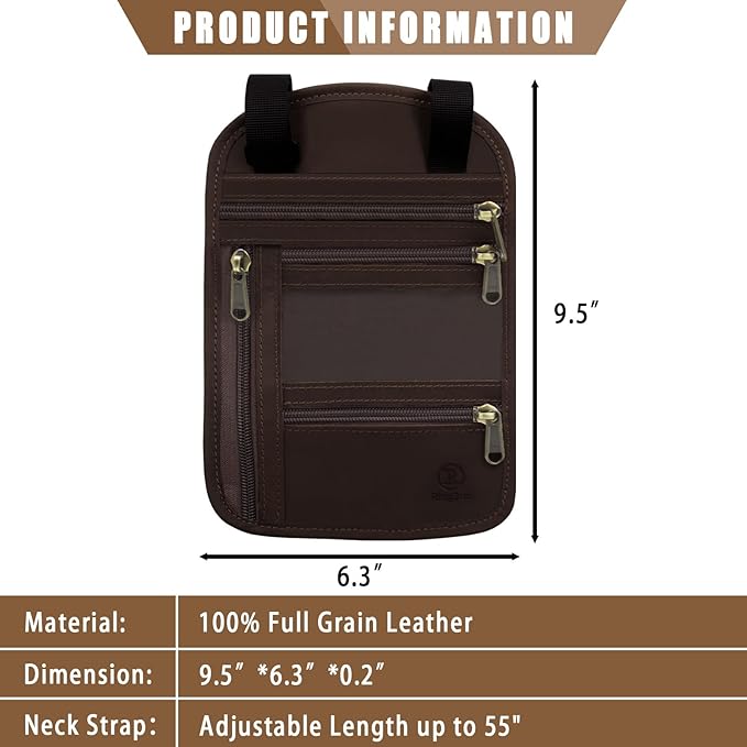 Ringsun Genuine Leather Passport Holder For Travel, RFID Blocking Slim Neck Wallet with Adjustable Strap for Women and Men, Travel Essentials to Keep Cash, Credit Cards and Documents Safe, Red Brown