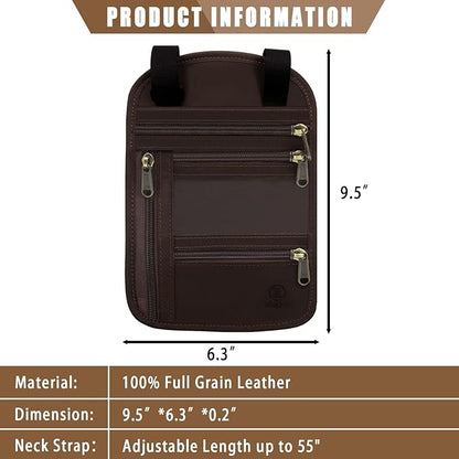 Ringsun Genuine Leather Passport Holder For Travel, RFID Blocking Slim Neck Wallet with Adjustable Strap for Women and Men, Travel Essentials to Keep Cash, Credit Cards and Documents Safe, Red Brown