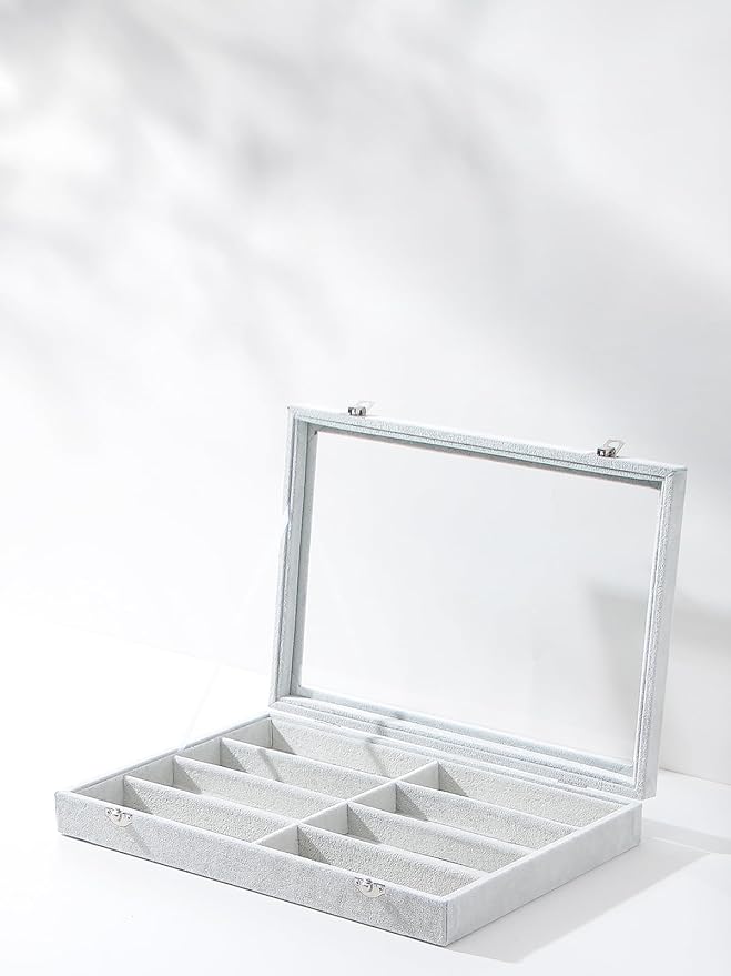 Coward Sunglass Organizer Tray Box, Grey Beige Velvet Eyeglasses Display Tray Case with Transparent Glass Lid for Home Use or Store Shop Selling Show
