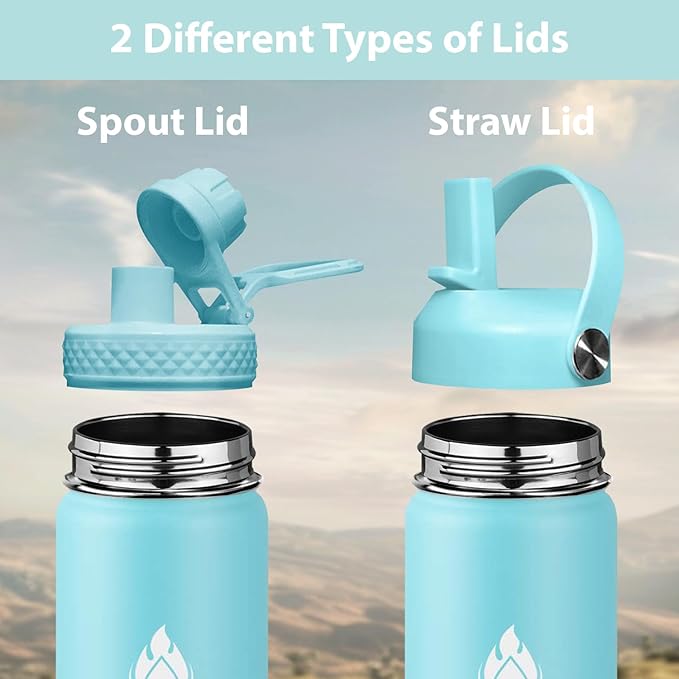 SENDESTAR Stainless Steel Wide Mouth Water Bottle 32oz Double Wall Vacuum Insulated Leak Proof Bottle with New Flex Straw Lid & Spout Lid XIN-MC-1000-1