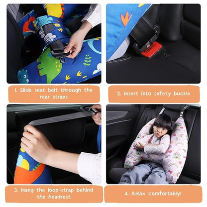 Travel Pillow Car Cushion for Kids 6 Years Old+ Shoulder Neck Back Support & Seat Belt Comfort, Road Trip Cozy Sleeping Gift for Young Travelers, Parents, Families, Baby Shower (Dinosaur Blue)