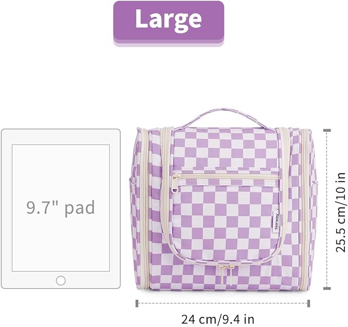 Narwey Checked Hanging Travel Toiletry Bag for Women, Travel Bag for Toiletries, Makeup Bag Organizer Cosmetic Bags Make Up Bags for Women (Purple Checkerboard)