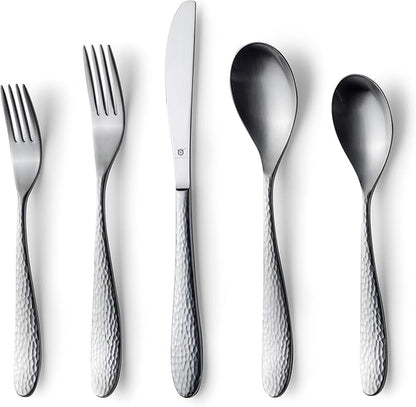 Matte Silverware Set, 18/10 Stainless Steel Satin Flatware, Modern Brushed Finish Cutlery, Dishwasher Safe & Durable, Built to Last (40-Piece, Marettimo Hammered)