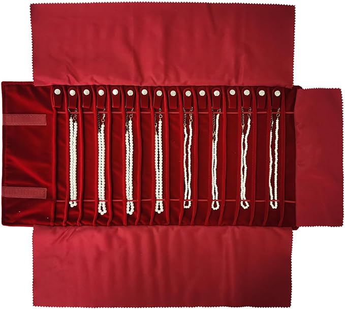 Portable Jewelry Roll Untangled Secure Necklace Travel Storage Bag Displays Holder 16 Chain (Burgundy)