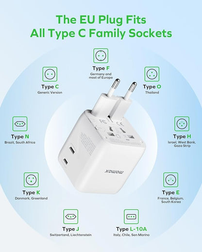 MOMAX Mini Universal Travel Adapter Worldwide, 2 AC, All European Travel Plug Adapter UK, Travel Essentials for US to Europe Adaptor, All-in-One Wall Charger for AUS JP (No USB Port)