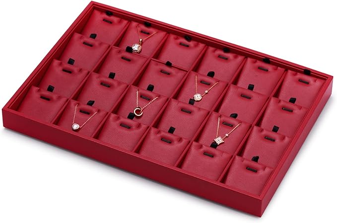 Oirlv Gorgeous Red Leather 24 Grid Jewelry Tray with Removable Inserts Jewelry Cards Stackable Necklace Trays Necklace Drawer Organizer
