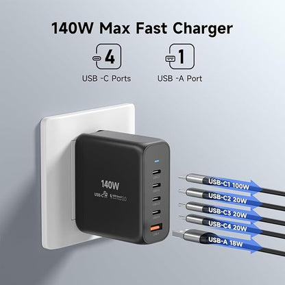 140W USB C Wall Charger Fast Charging Station, 5-Ports with 4 USB-C Ports +1 USB-A Ports PD & QC 3.0 Fast Charging, Adapter for MacBook Pro/Air,iPhone 17/16/Pro/Samsung Galaxy and More