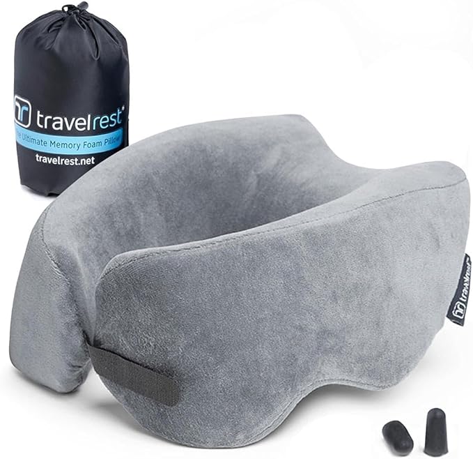 TRAVELREST Nest Neck Pillow Travel Essentials - Memory Foam Pillow and Patented Design, Support for Long Flights, Travel Accessories, Comfortable and Compact, Washable, Attaches to Luggage - Gray