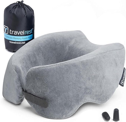 TRAVELREST Nest Neck Pillow Travel Essentials - Memory Foam Pillow and Patented Design, Support for Long Flights, Travel Accessories, Comfortable and Compact, Washable, Attaches to Luggage - Gray