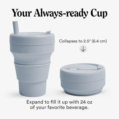 STOJO Titan Collapsible Travel Cup With Straw - Cashmere Gray, 24oz / 710ml - Reusable To-Go Pocket Size Silicone Cup for Hot & Cold Drinks - Camping and Hiking - Microwave & Dishwasher Safe