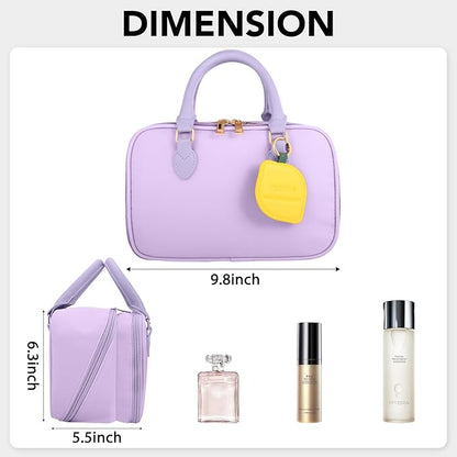 Travel Makeup Bag for Women Fashion Large Capacity Pouch Open Flat Cosmetic Portable Organizer Waterproof Large Opening Storage Toiletry Bags Vertical Free-Standing Brush Holder for Easy Access Purple