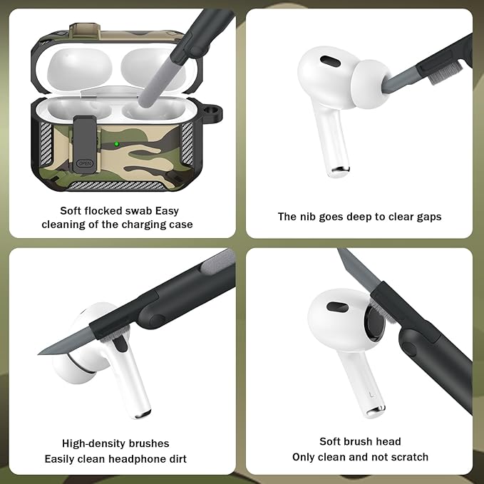 RFUNGUANGO for AirPods Pro 2nd Generation Case Cover with Cleaner Kit, Military Hard Shell Protective Armor with Lock for AirPod Gen 2 Charging Case 2022, Front LED Visible,Black Camou