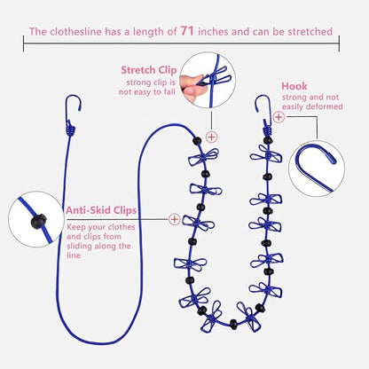 Magnetic Retractable Clothes Line for Cabin - Approved 2025 Cruise Essentials Clothes Drying Rack Travel Clothesline with Clothespins -4 Luggage Tags Strong Magnets Hooks (Blue)