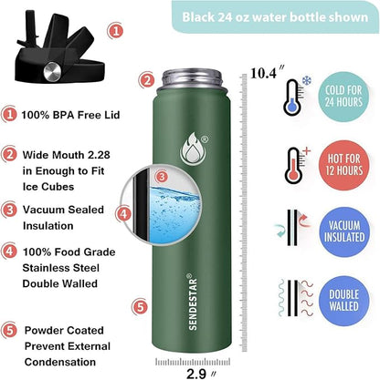 Insulated Water Bottle 24 oz with Straw, Stainless Steel Wide Mouth Water Bottle, Double Wall Vacuum Leak Proof with Straw Lid & Spout Lid for Sports or Office, Keep Cold or Hot Up to 24 Hrs