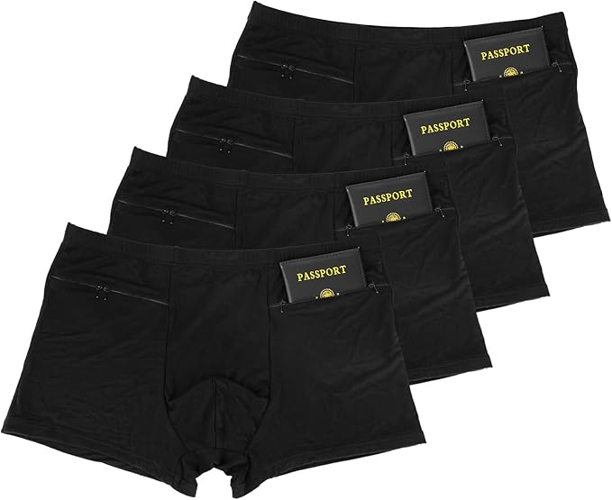 LUEXBOX Pocket Underwear for Men with Secret Hidden Pocket, Travel Boxer Briefs, 4 Packs (Black)