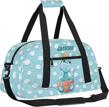 Personalized Duffel Bag for Kids Girls Boys, Dinosaur Spot Custom Name Gym Bag Overnight with Padded Handles Carry On Weekend Sports Travel Bag for School Practice Gymnastics Ballet