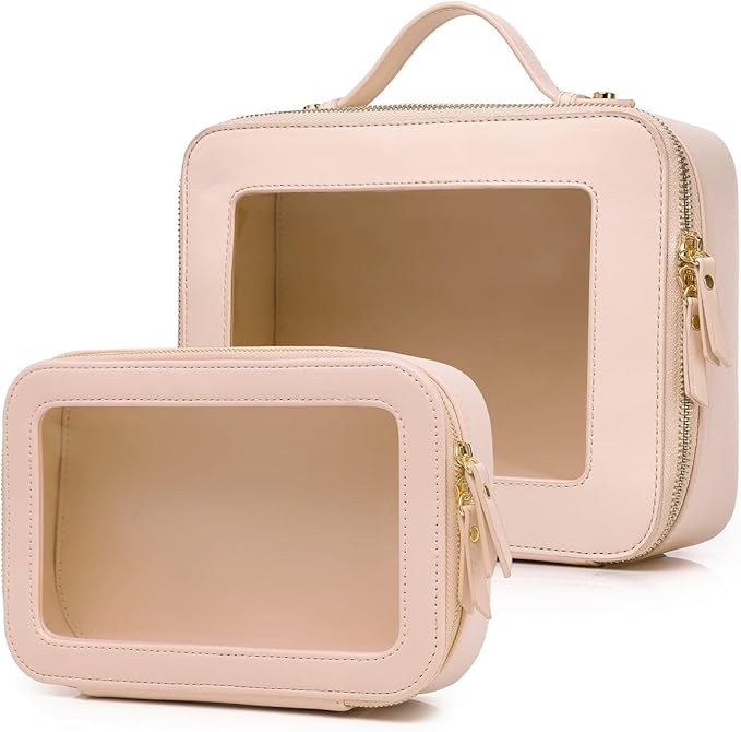 Pinkmik Clear Makeup Bag for Women Waterproof Travel Cosmetics and Toiletries Case Portable Makeup Oaganizer Bag Clear Car Bag with Zipper (Pink, M+L-1)