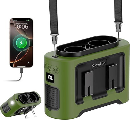 Socool 14500mAh Portable Waist Fan Clip on Wearable Belt Rechargeable Personal Fan, Dual Air Outlet, 40H Cooling 5-Speed Battery Operated Fans with Light, Neck Fan Hanging for Outdoor Camping Travel