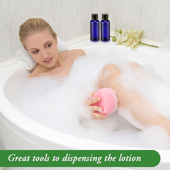 Eccliy 100 Pack 2 oz Travel Bottles Plastic Bottles with Lids Refillable Travel Size Cover Cap Plastic Liquid container for Toiletries Lotions Shampoo Creams Dispensing with 5 Funnels(Blue)