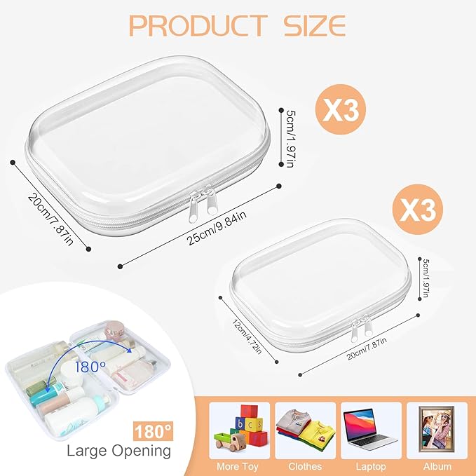6 Pcs Clear Hard Zipper Case Hard-Sided Premium Storage Case Plastic Clear Hard Shell Zipper Pouch Portable Travel Organizer Box for Travel Building Blocks Puzzles Cosmetics Makeup Supplies (White)