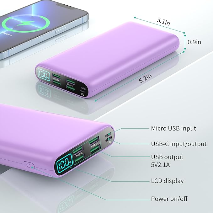 Portable Charger 38800mAh,LCD Display Power Bank,5 USB Outputs Battery Pack Backup, USB-C 3A in&out Travel Essential Portable Phone Charger For iPhone 17/16/15/14/13 Pro,Android Samsung Galaxy-Purple