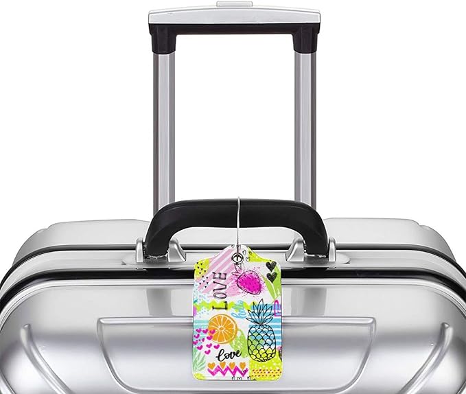 2 Pieces Funny Fruits Luggage Tags for Suitcases Women Girls, Colorful Bag Tags with Pineapple, Strawberry, Love Pattern, Cute Leather Labels Privacy Protection Travel Tag