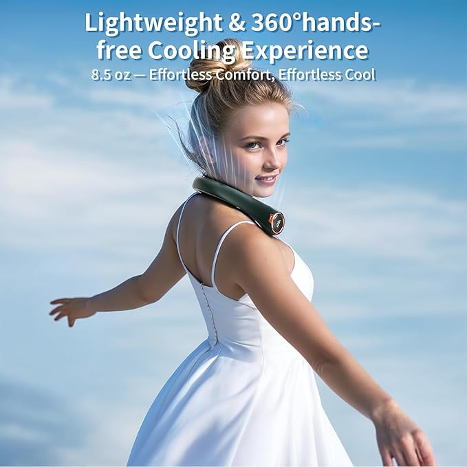 Portable Neck Fan with 6000mAh USB - Rechargeable Battery, 360° Cooling Wearable Fan, 3 Speeds, Ultra-Light Bladeless Neck Fan LED Display (Green)