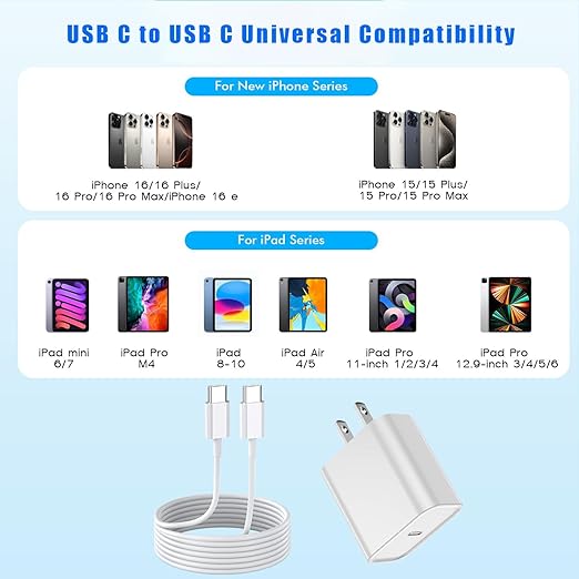 USB C Charger for iPhone 16 Fast Charging,2 Pack 20W Type C Apple Wall Charger Block with 2Pack 10 Foot Extra Long 60W USB C to C Cable Cord for iPhone 16/16Pro/15,iPad Pro 12.9/11,Air 5/4, Mini