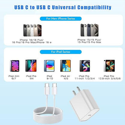 USB C Charger for iPhone 16 Fast Charging,2 Pack 20W Type C Apple Wall Charger Block with 2Pack 10 Foot Extra Long 60W USB C to C Cable Cord for iPhone 16/16Pro/15,iPad Pro 12.9/11,Air 5/4, Mini