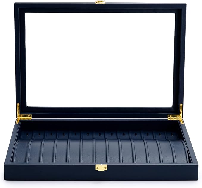 Oirlv Premium Blue Leather Necklace Bracelet Organizer Tray with Acrylic Lid Jewelry Display Case Drawer Insert Jewelry Organizer for women