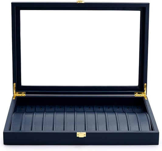 Oirlv Premium Blue Leather Necklace Bracelet Organizer Tray with Acrylic Lid Jewelry Display Case Drawer Insert Jewelry Organizer for women