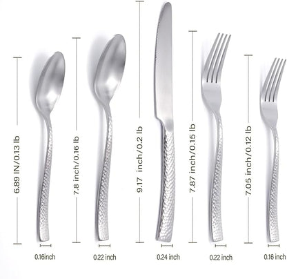 Hand Forged Stainless Steel Flatware Set Silverware Set Cutlery Set Matte Finished Hammered 5 Pieces Service for 1