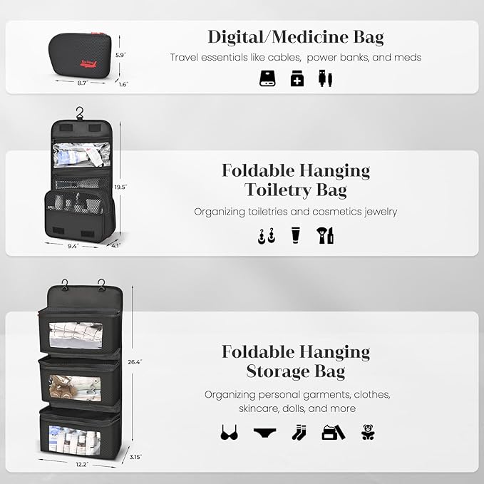 11 Set Compression Packing Cubes for Travel, Waterproof Organizer Set with Hanging Underwear & Toiletry Bag, Shoe/Boot Bag, Hair Tools Organizer, Laundry Bag & Digital Pouch (Black)