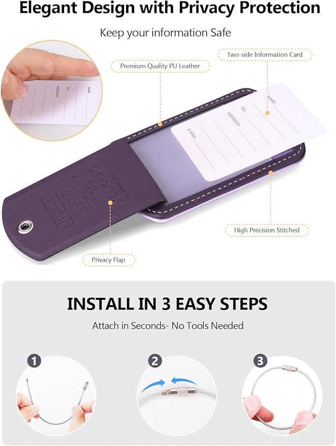 Luggage Tag with Tracker (iOS Only), Premium PU Leather Luggage Tags for Suitcase, Privacy Cover & ID Card Slot, Stainless Loop for Travel Bags, Backpack, Pet Carrier, Ideal Gadgets (Purple)