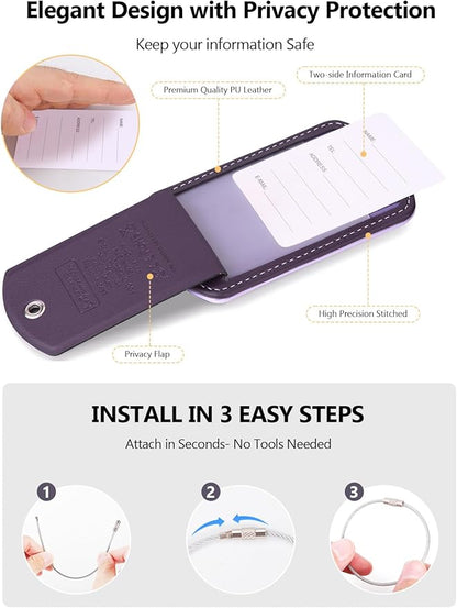 Luggage Tag with Tracker (iOS Only), Premium PU Leather Luggage Tags for Suitcase, Privacy Cover & ID Card Slot, Stainless Loop for Travel Bags, Backpack, Pet Carrier, Ideal Gadgets (Purple)