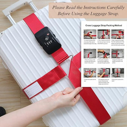 Luggage Straps for Suitcases TSA Approved Heavy Duty Adjustable Travel Belt Cross Suitcase Belts Luggage Tags with Name ID Card Travel Accessories Fit for 20-32 Inch Suitcase (Red)