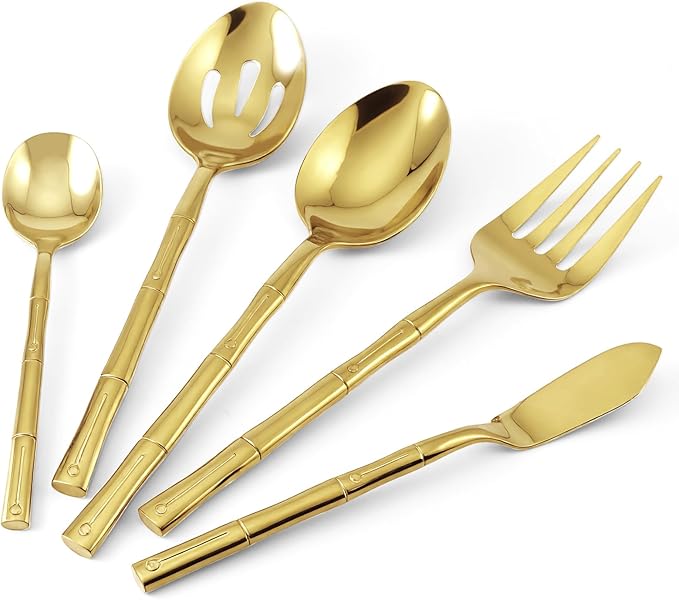Silverware Serving Set Gold Flatware Set Stainless Steel Bamboo Handle Cutlery Set Mirror Polished 45 Pieces for Home Kitchen Restaurant Hotel Wedding Housewarming Gift Service for 8