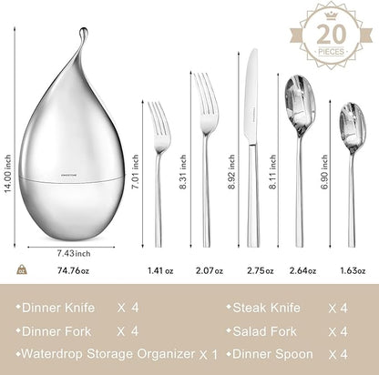 KINGSTONE Silverware Set with Waterdrop Storage Organizer, 20-Piece Forged Flatware Cutlery Set in Gift Box, Premium Stainless Stee Service for 4, Mirror Polished, Ideal for Kitchen, Wedding, Gift