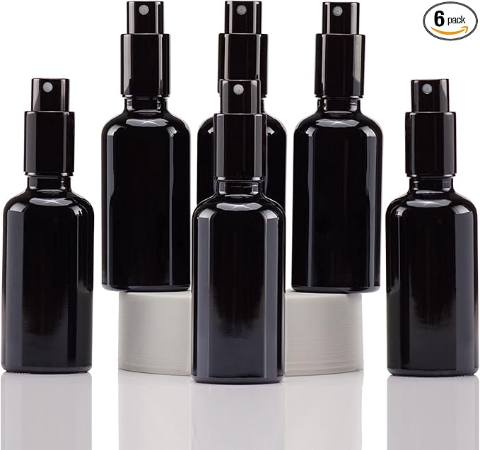 YIZHAO Black Glass Spray Bottles 2oz, with Small Fine Mist Spray, Metal Cap, Refillable for Essential Oil,Travel,Cleaning,Perfume,Aromatherapy,Makeup – 6 Pcs