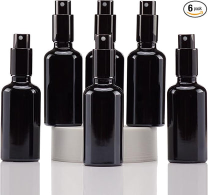 YIZHAO Black Glass Spray Bottles 2oz, with Small Fine Mist Spray, Metal Cap, Refillable for Essential Oil,Travel,Cleaning,Perfume,Aromatherapy,Makeup – 6 Pcs