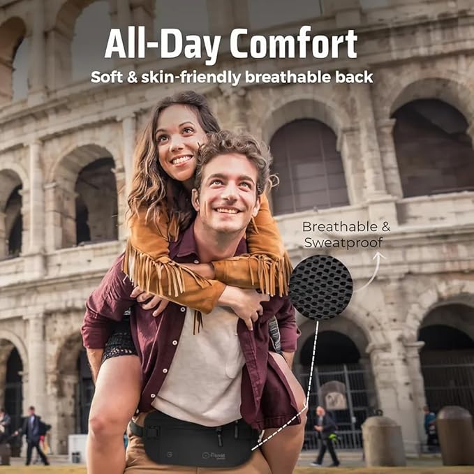 Money Belt for Travel with RFID Blocking Technology - Hidden Travel Money Pouch for Cash, Credit Cards, Passport, and Travel Valuables - Secure Water Resistant Money Belt for Men and Women - Black