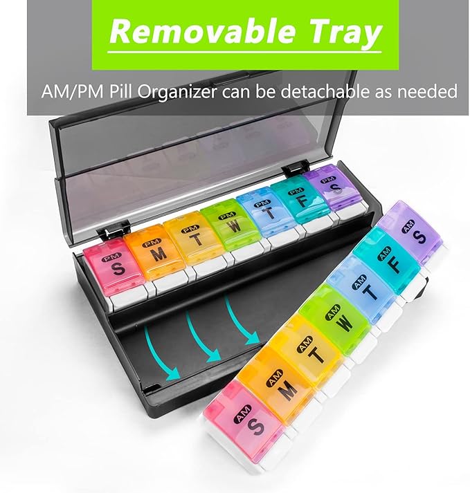 Extra Large Weekly Pill Organizer 2 Times a Day - Remtise Am/Pm Daily Pill Case Medicine Organizer, Push Button 7 Day Pill Box for Pills/Vitamin/Cod Liver Oil/Supplements (Rainbow)