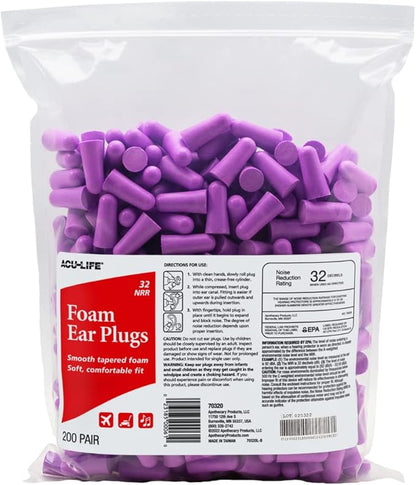 Acu-Life Foam Ear Plugs, 200 Pair for Sleeping, Snoring, Loud Noise, Traveling, Concerts, Construction, & Studying, NRR 32, Purple