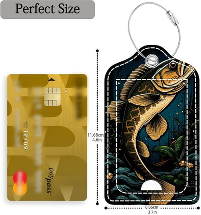 Funny PU Leather Luggage Tags 2-Pack Dark Largemouth Fish Cute Pattern Suitable for Suitcase Stainless Steel Loop and Address Card Essential for Cruise and Airport Travel for Men and Women