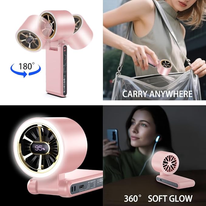 CAZOKASI Rechargeable Strong Wind Handheld Fan With Ambient Lighting 4 IN1 5000mAh Upto 22H For Desktop Waist Clip Neck (StrongWind/Pink)