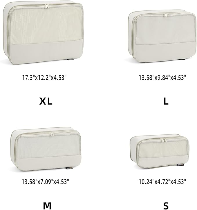 4 Piece Compression Packing Cubes for Suitcases and Backpack, Lightweight Travel Organizer Bags (Off White)