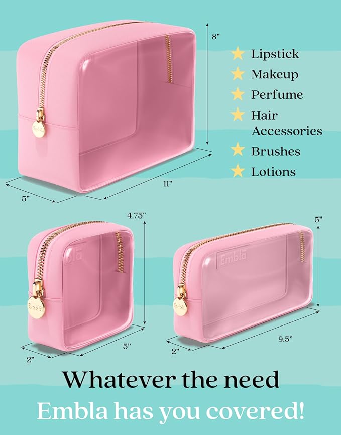 Clear Cosmetic Bags Set of 3, Mini Small Large Makeup Bags For Women Clear Pouch Cosmetics Cases Zipper Cute Pouches Make Up Travel Toiletry Essentials Preppy Purse Organizer Makeup Cases, Flamingo